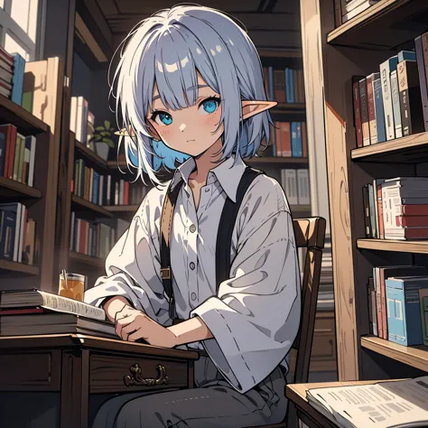 Cool elf with blue and blue-purple heterochromia, Silver straight hair, Wearing a white shirt, Wearing slacks, sitting at a desk...