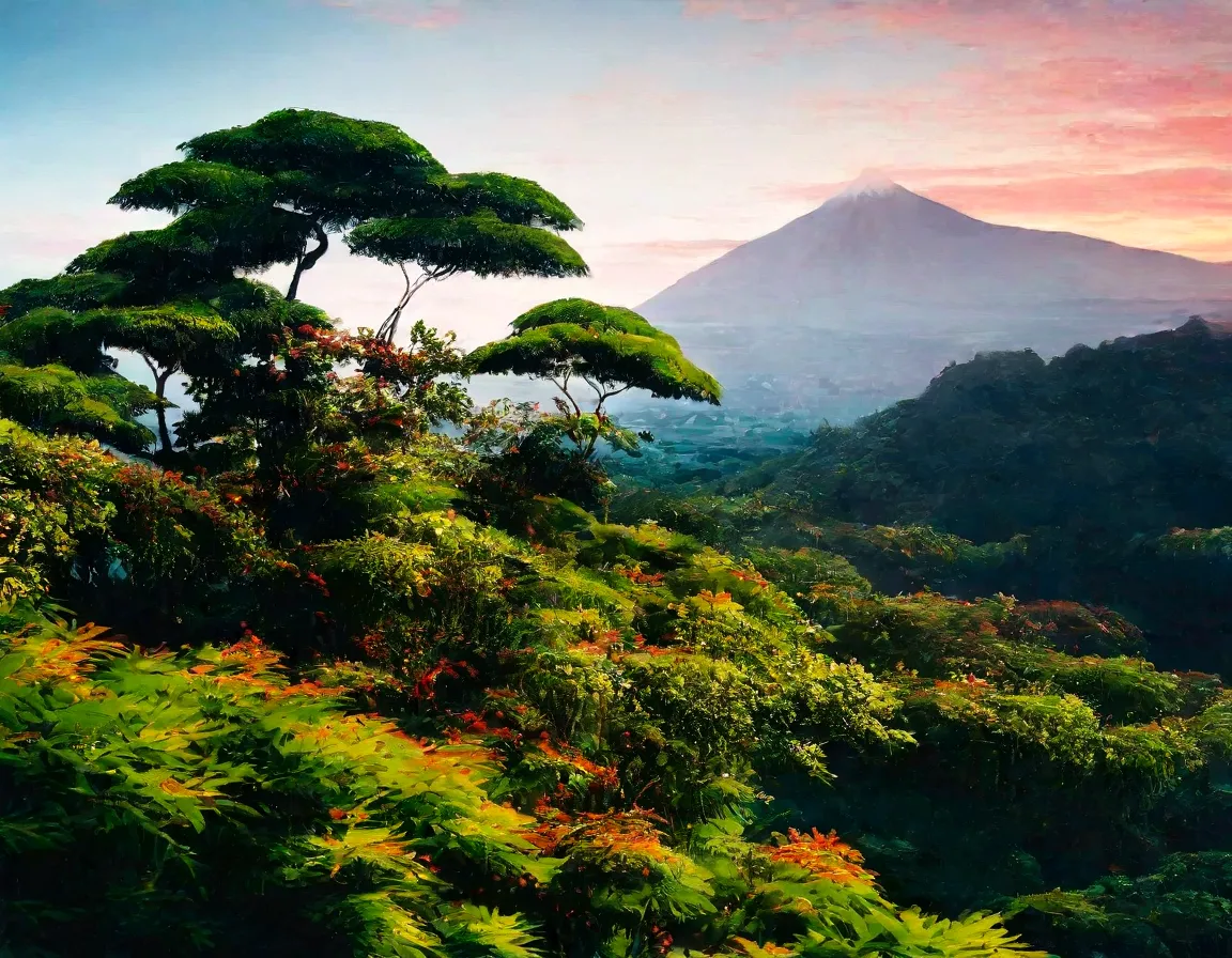 tropical forest, hot tropical forest, vines, japan culture, tree, grass, 4k, full hd, masterpiece, sky, faded color, silky, beau...