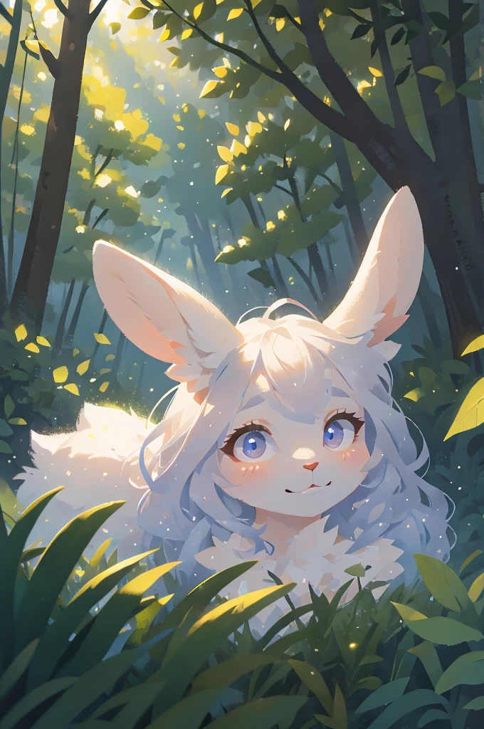 a beautiful fluffy white rabbit humanoid in a lush forest, detailed portrait, cute expression, photorealistic, hyperrealistic, high quality, detailed fur, nature, serene forest environment, magical, whimsical, soft lighting, glowing eyes, detailed facial features