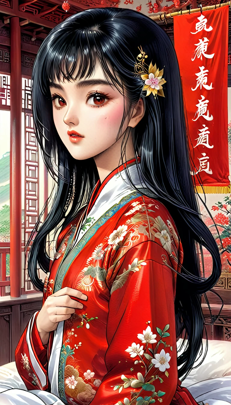 A tragic historical drama in 8k live-action style: Beautiful palace secrets　Beautiful 10 year old Chinese Kung Fu Princess with long black hair has her nipples examined by a doctor and vigorously played with　Gorgeous embroidery, Ultra glossy, She is wearing a shiny red top and bottom long sleeve floral pajama kung fu suit....　　She resists and cries　Her nipples are black