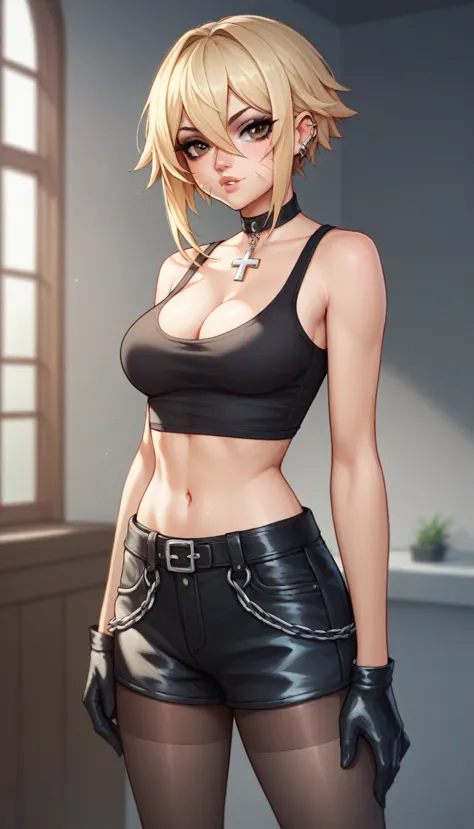 1gril white skin, red pouty lips, cheek stitches on mouth, brown eyes, sexy makeup, light blonde hair, the bob hairstyle, hair b...