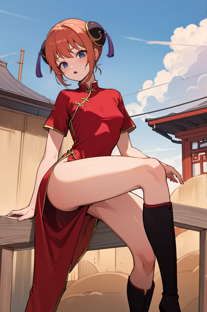 masterpiece, best quality, highres, kgr1, red dress, double bun, bun cover, china dress, chinese clothes, knee boots, short sleeves, ,nsfw,outdoor,