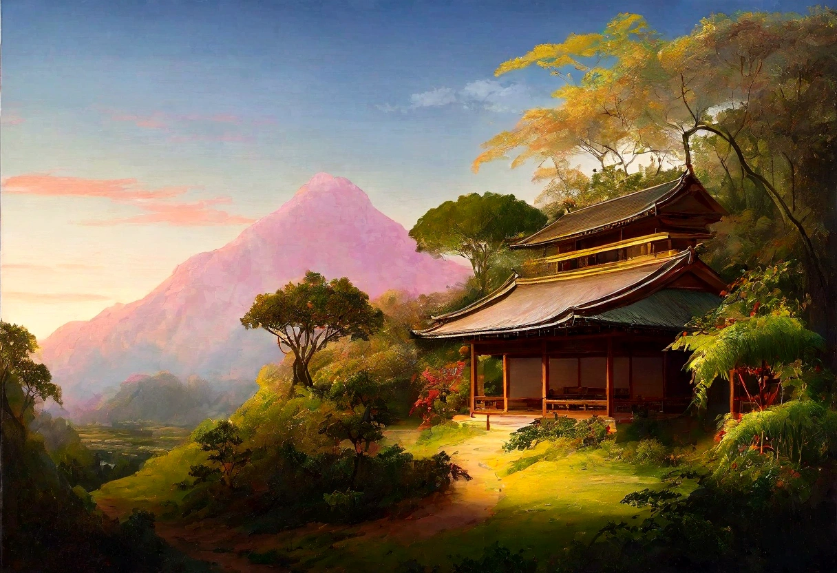 painting landscape of a tropical forest with medieval japanese building, one home, trees, vines, beutiful landscape