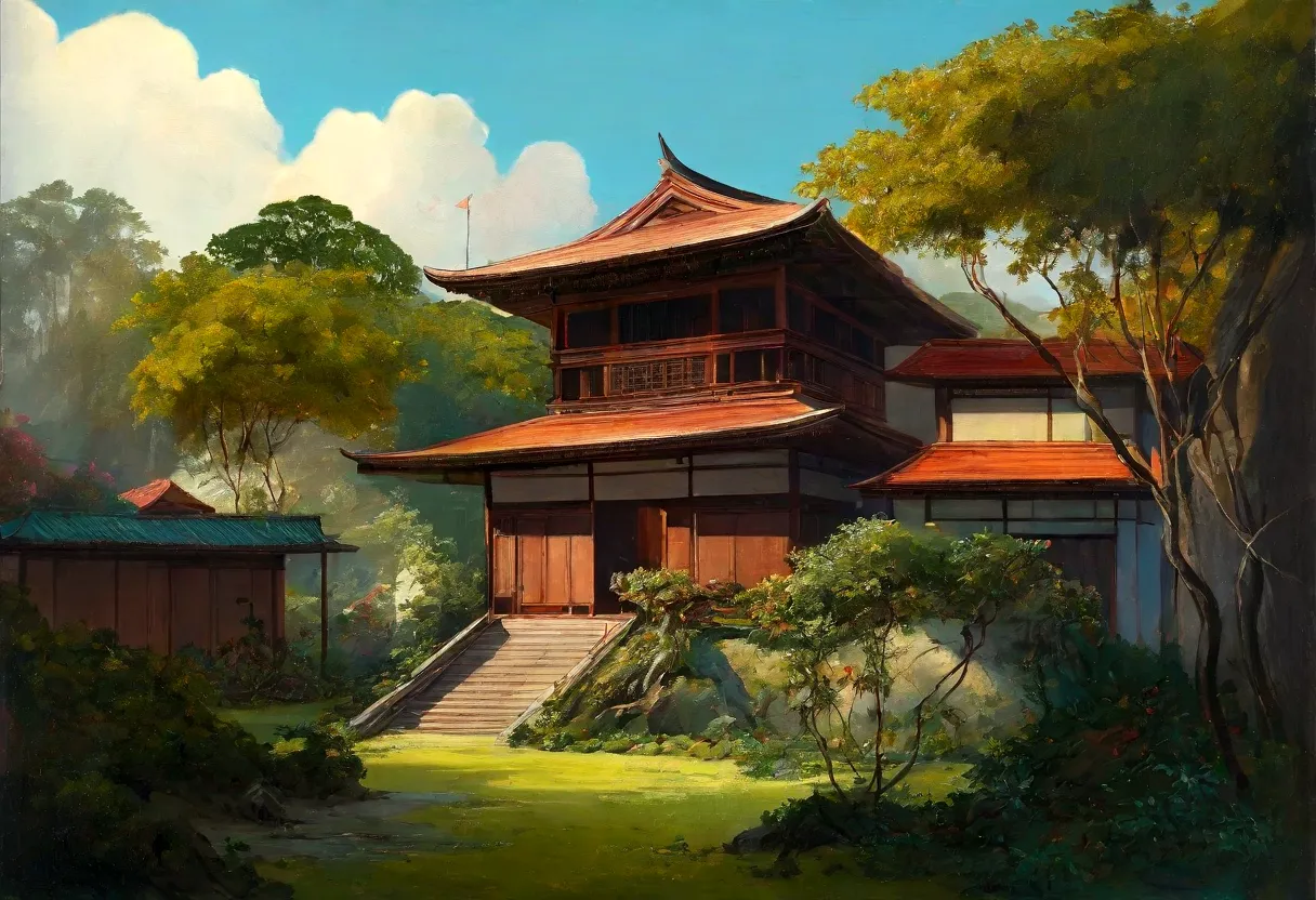 painting landscape of a tropical forest with medieval japanese building, one home, trees, vines, beutiful landscape