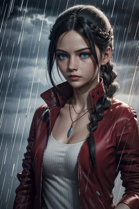 claireredfieldr, 1girl, solo, jewelry, black hair, rain, blue eyes, red jacket, jacket, necklace, long hair, braid, realistic, u...