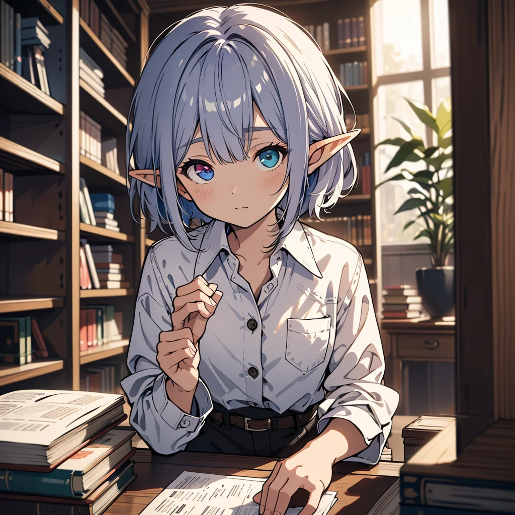 A cool elf with heterochromia iridis of blue and purple, silver straight hair, wearing a white shirt and slacks, sitting at a desk surrounded by bookshelves, lost in thought, (best quality,8k,highres,masterpiece), extremely detailed expression, intricate details, natural lighting, warm tones, soft focus, digital painting, fantasy art, a single 