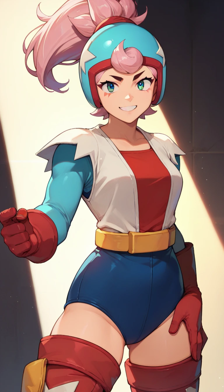 score_9, score_8_up, score_7_up, source_anime, solo, 1girl, bsjanet, smile, looking at viewer, The hips are open,ponytail, helmet, multicolored clothes, blue leotard, long sleeves, red gloves, thigh boots, belt, spotlight 