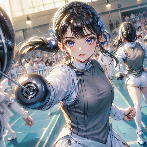 high quality,HD,16k,sharp lines,1 girl,Female fencing athlete ,cute face, large breasts, nice legs,At the fencing venue,focus gi...