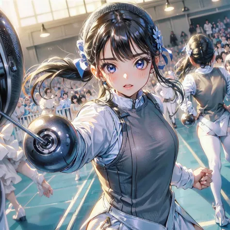 high quality,HD,16k,sharp lines,1 girl,Female fencing athlete ,cute face, large breasts, nice legs,At the fencing venue,focus gi...