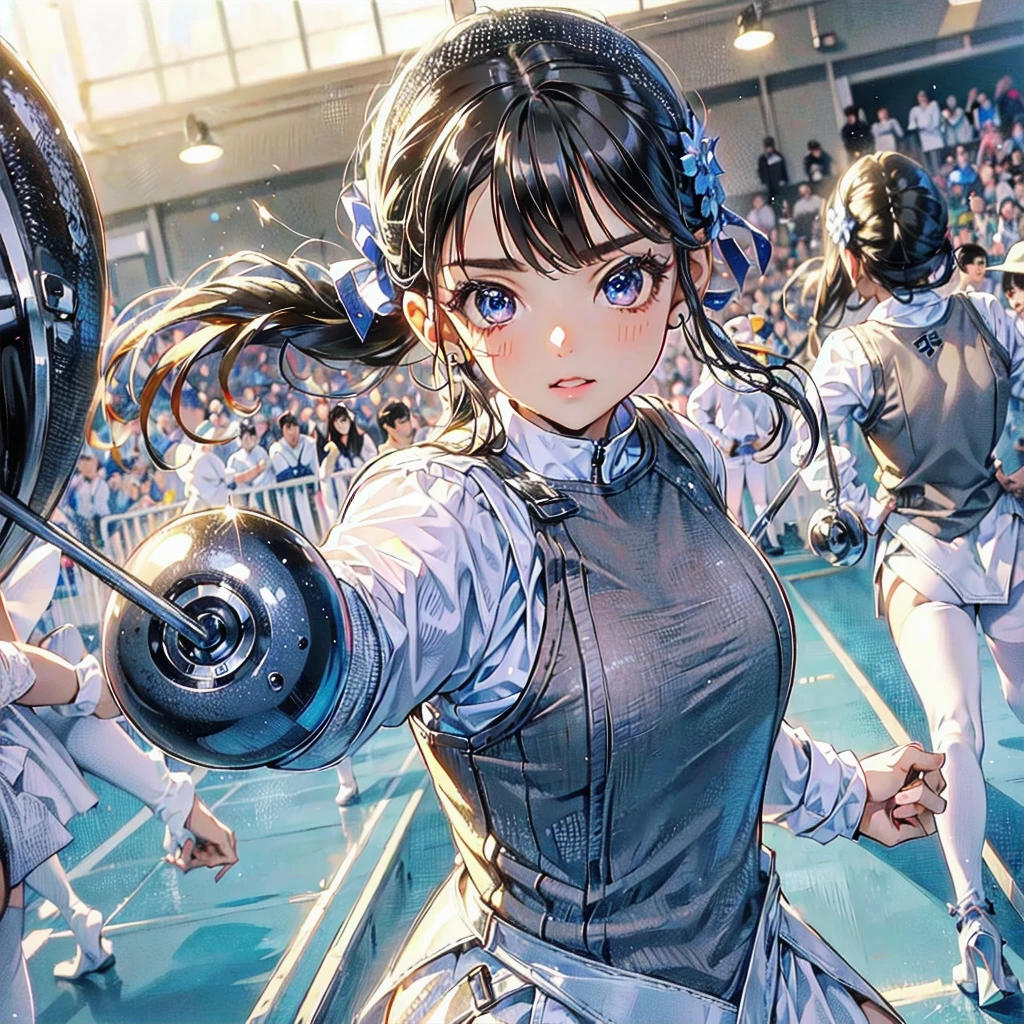 high quality,HD,16k,sharp lines,1 girl,Female fencing athlete ,cute face, large breasts, nice legs,At the fencing venue,focus girl,detailed beautiful face,detailed clothes,beautiful eyes,cool,dynamic angle