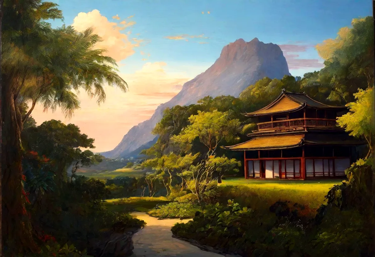 painting landscape of a big tropical forest with medieval japanese building in background, one home, trees, vines, beutiful land...