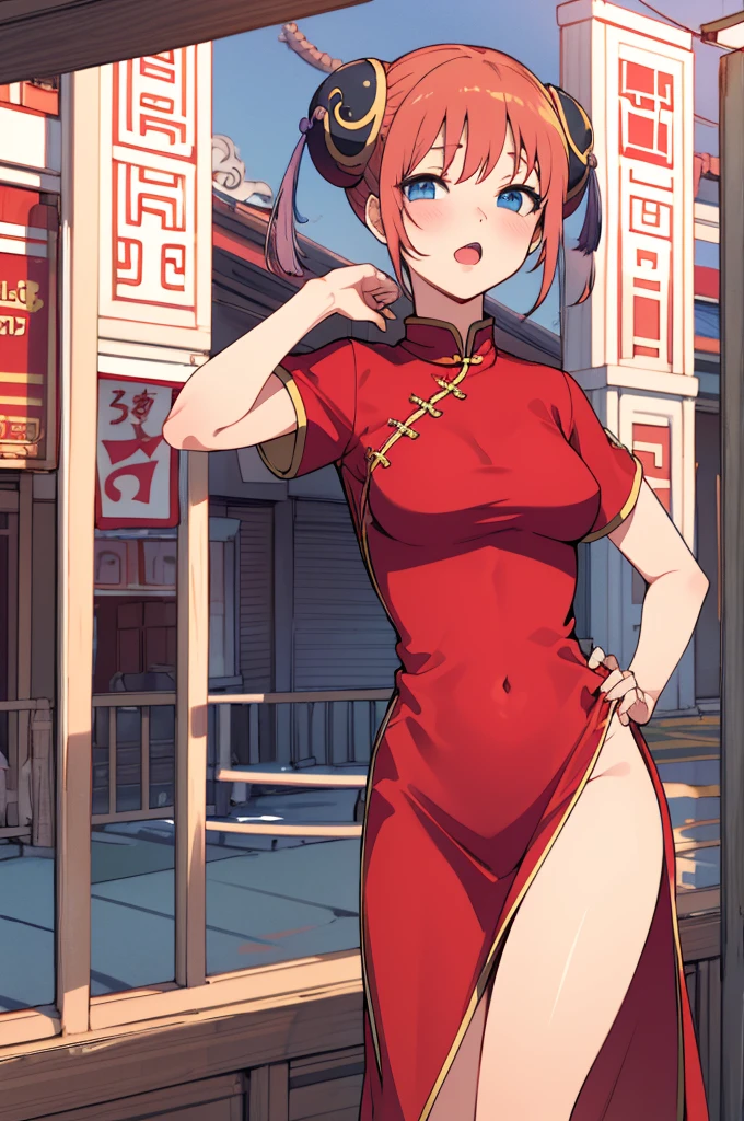 , kgr1, red dress, double bun, bun cover, china dress, chinese clothes, , short sleeves, ,nsfw,outdoor,medium breasts