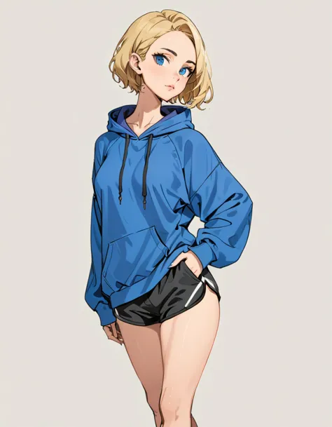girl in Blue oversized hoodie and black Elastic shorts and black hiking boots, adult, [Nordic], Hourglass elongated fitness body...