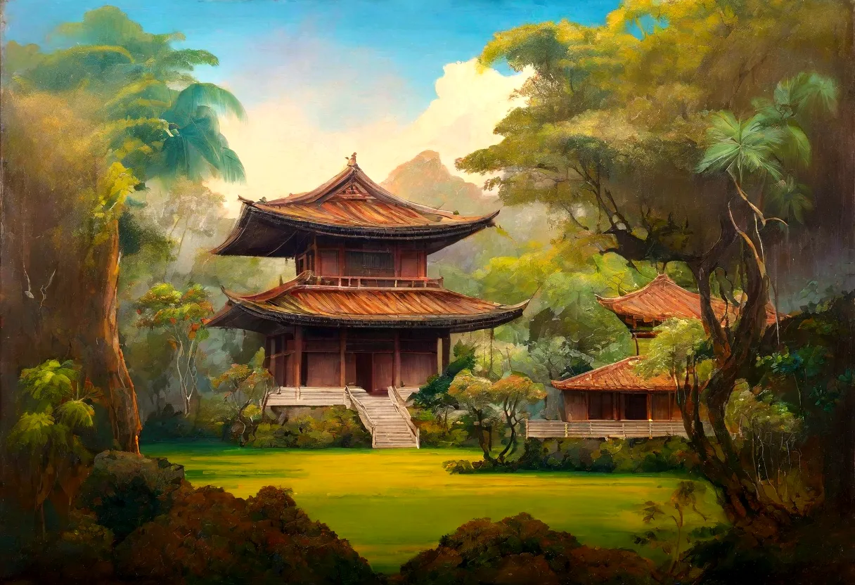 painting landscape of a tropical forest with medieval japanese building in background, trees, vines, beutiful landscape, full of...