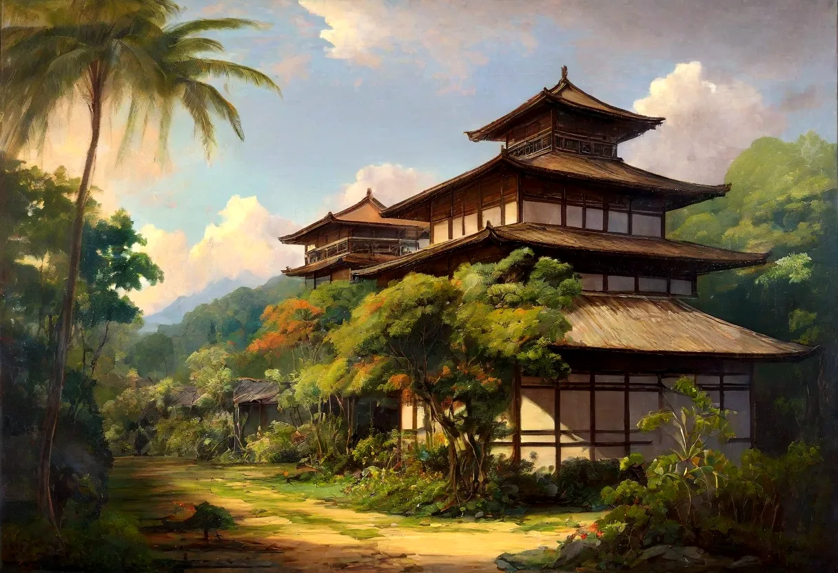 painting landscape of a tropical forest with medieval japanese building in background, trees, vines, beutiful landscape, full of...