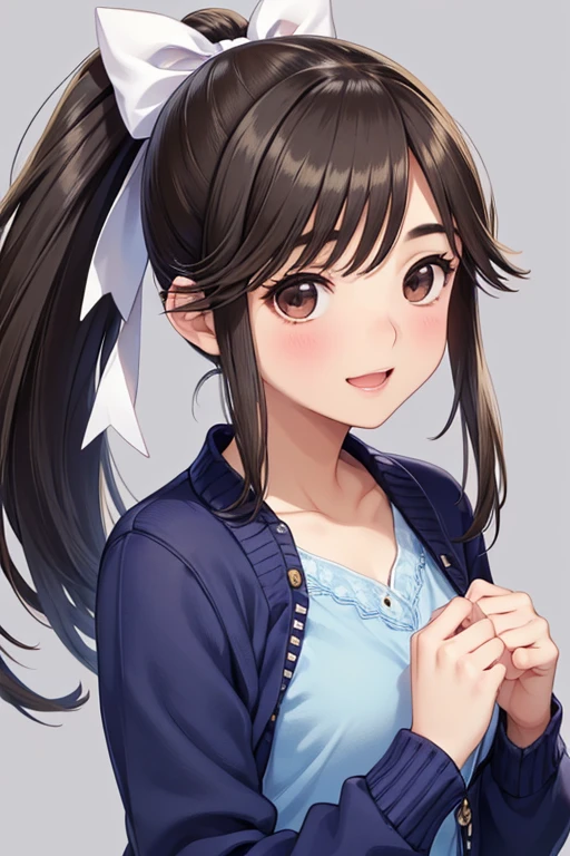 Gaoling loves flowers、Shiny brown hair, Long Hair、Ponytail with ribbon, Beautiful brown eyes、smile、Sparkling eyes, (Fine grain)、Ultra-detailed eyes、非常にDetailed face, Very detailedな目,

masterpiece,Highest quality,High resolution,Very detailed,masterpiece, Highest quality, High resolution, 

Open chest、Blue cardigan、Laughter、room、8K、Delicate face、Detailed face、Simple Background