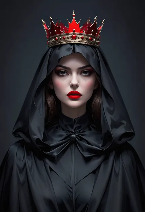 a black cape is faintly visible，red crown，red lips，dark background，fear，