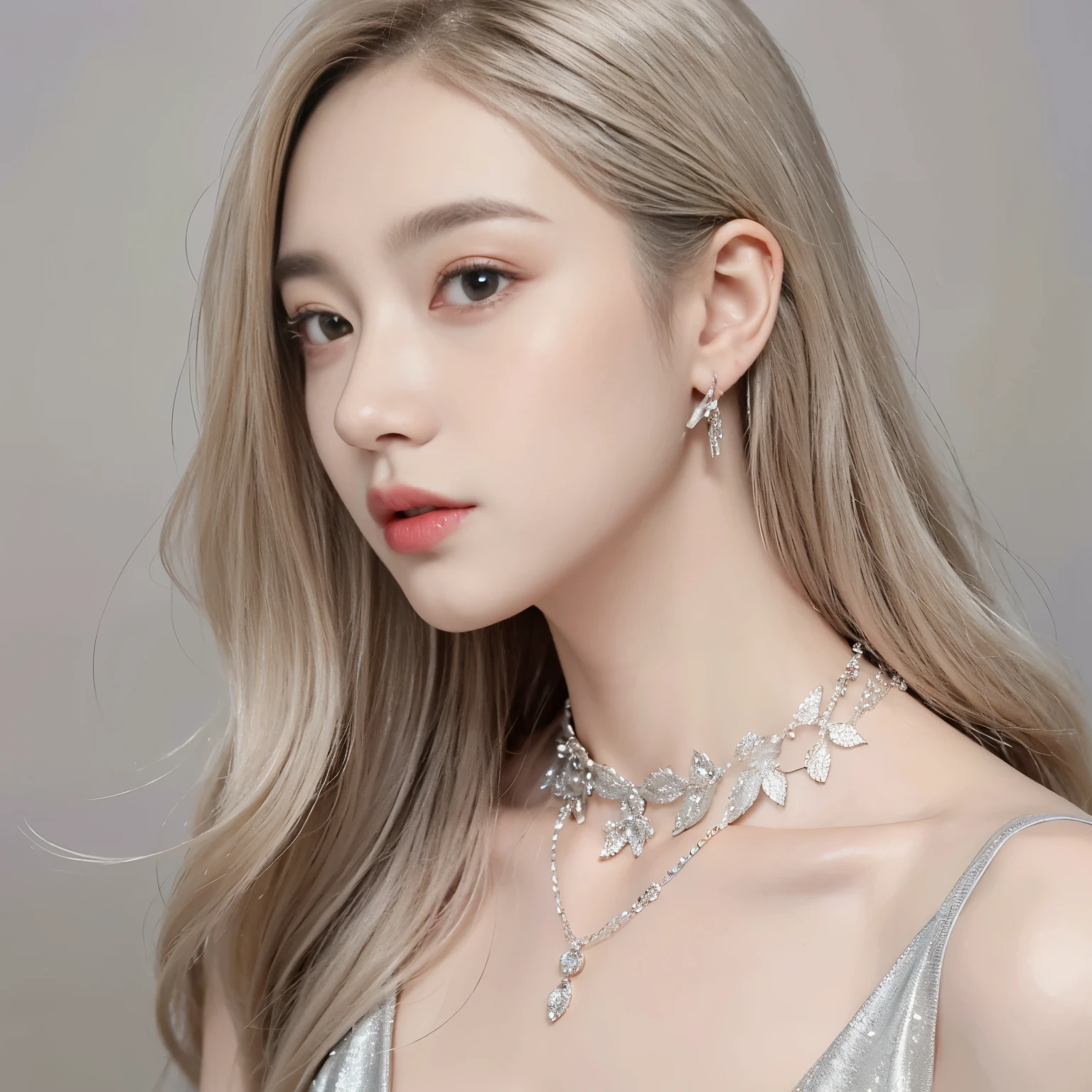 （8K）、（Best image quality:1.5）、gray background、face close up、１girl、masterpiece、Delicate and sharp eyes、brown eyes、power of eyes、delicate face、cup、fascinating face、platinum blonde hair、Half length wave、cute clothes、Dress that exposes the collarbone、female、collarbone emphasis、earring、necklace、