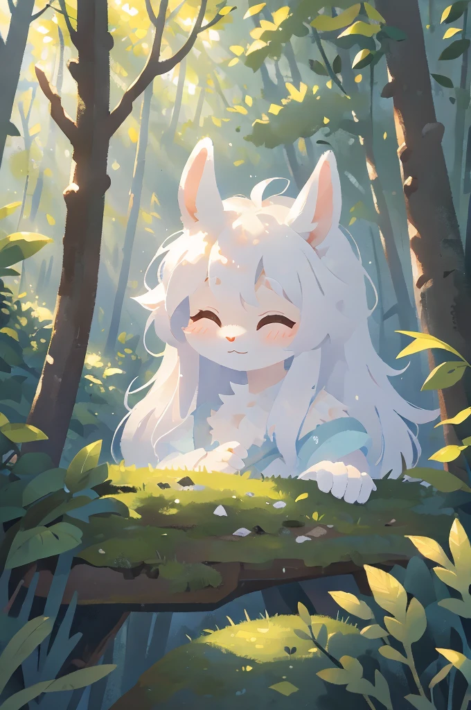 A beautiful fluffy white rabbit in a dense forest, （furry！）detailed portrait, Cute expression,, high quality, Fine fur, nature, peaceful forest environment, magic, Fantastic, soft light, Detailed facial features