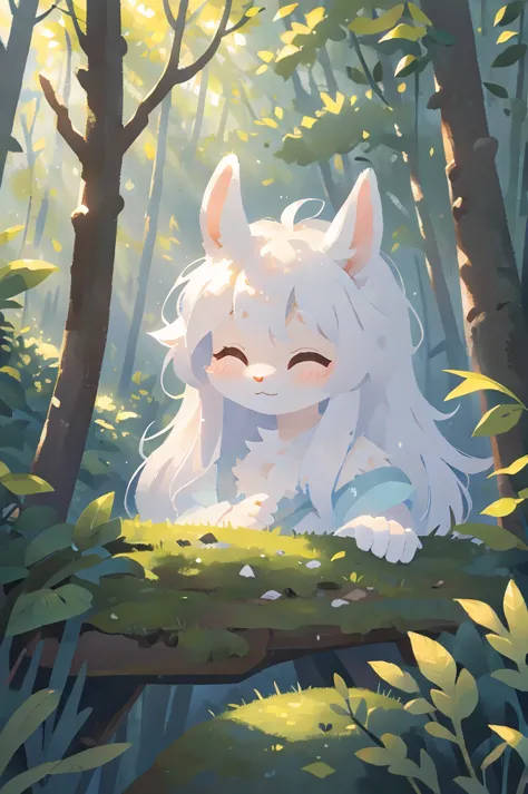 A beautiful fluffy white rabbit in a dense forest, （furry！）detailed portrait, Cute expression,, high quality, Fine fur, nature, ...