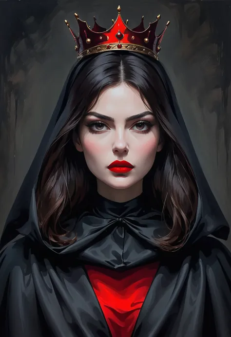 an oil painting：a black cape is faintly visible，red crown，red lips，dark background，fear，