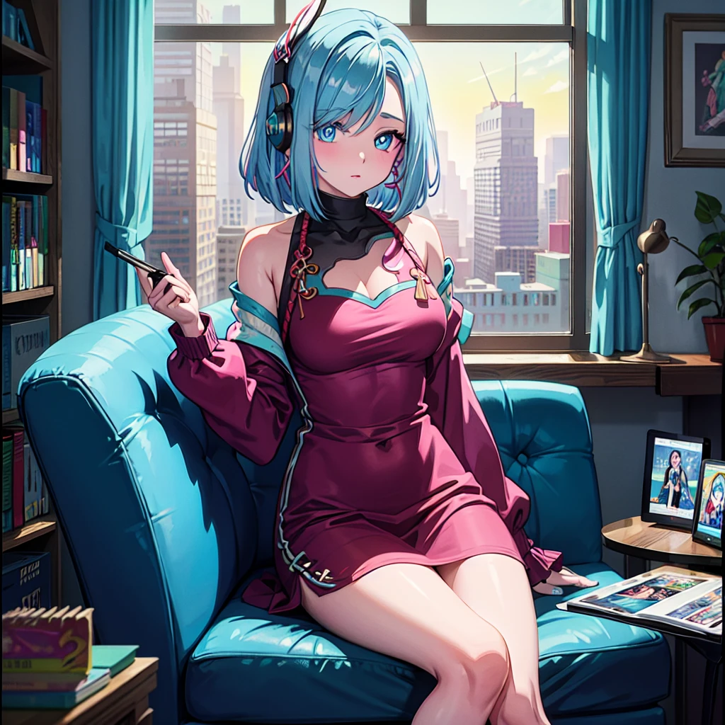 (masterpiece), Highest quality, Expressive eyes, Neon pastel aesthetics, Retro 90s, Neon color,((Girl sitting on sofa,In a cozy room,Records hanging on her wall, Comic books on the floor, Looking out the window behind her at the night city, Upholstered room, Anime figures lined up on a shelf)), Wearing headphones, (All around her it sparkles), (wearing thick colorful sneakers), (blue eyes), (Soft look), (Synthwave Art Style), Colorful Hair, Desk with PC set up