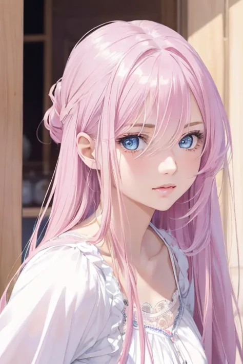 ((best quality)), ((masterpiece)), (detailed), perfect face a cute 18 years old girl blue eyes, long colour pink hair, normal cl...