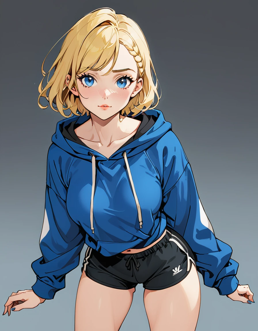 woman in Blue oversized hoodie and black Elastic shorts, adult, [Nordic], Hourglass elongated fitness body, perfect Olive skin, Oval Face, Long neck, Rounded shoulders, perfect hand,  round forehead, Short blonde Waves pixie hair, snub nose, Arched eyebrows, Monolid blue Eyes, High Round Narrow cheekbones, Dimpled Cheeks, Rounded Chin, Rounded Jawline, Fine Puppet Wrinkles, Full nude Lips, (blue eyes), Nude Makeup Look, long eyelashes, Hourglass-shaped hips, Slim thighs, long slim fitness legs, third breast size, ((dark novel style)),comic book style, (graphic style of novel comics), (2d),
8k, hyperrealism, masterpiece, high resolution, best quality, ultra-detailed, super realistic, Hyperrealistic art, high-quality, ultra high res, highest detailed, lot of details, Extremely high-resolution details, incredibly lifelike, colourful, soft cinematic light,