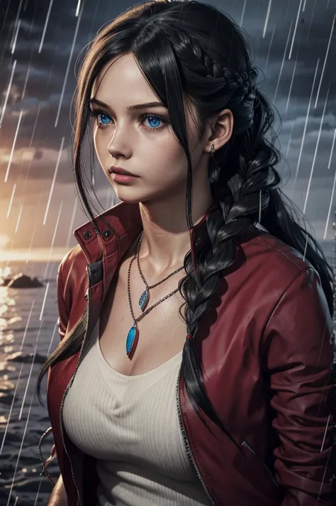 claireredfieldr, 1girl, solo, jewelry, black hair, rain, blue eyes, red jacket, jacket, necklace, long hair, braid, realistic, u...