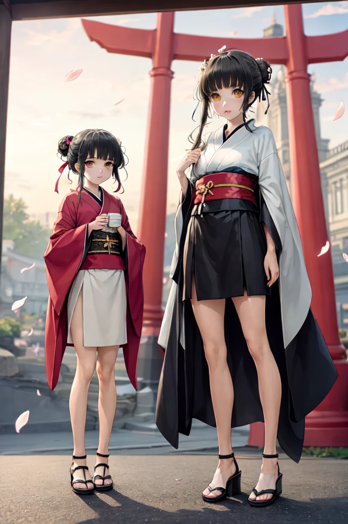 ((masterpiece,Highest quality)),Two Girls, black kimono, Black legwear, black ribbon, Black Hair, cherry blossoms, Day, flower, Hair Bun, hair ribbon, kimono, kimono, Long Hair, View your viewers, Recall, Multiple Girls, heart, Outdoor, Red eyes, Redhead, ribbon, Sandals, single Hair Bun, stage, Are standing, picture, torii, wood, white kimono, Yellow Eyes