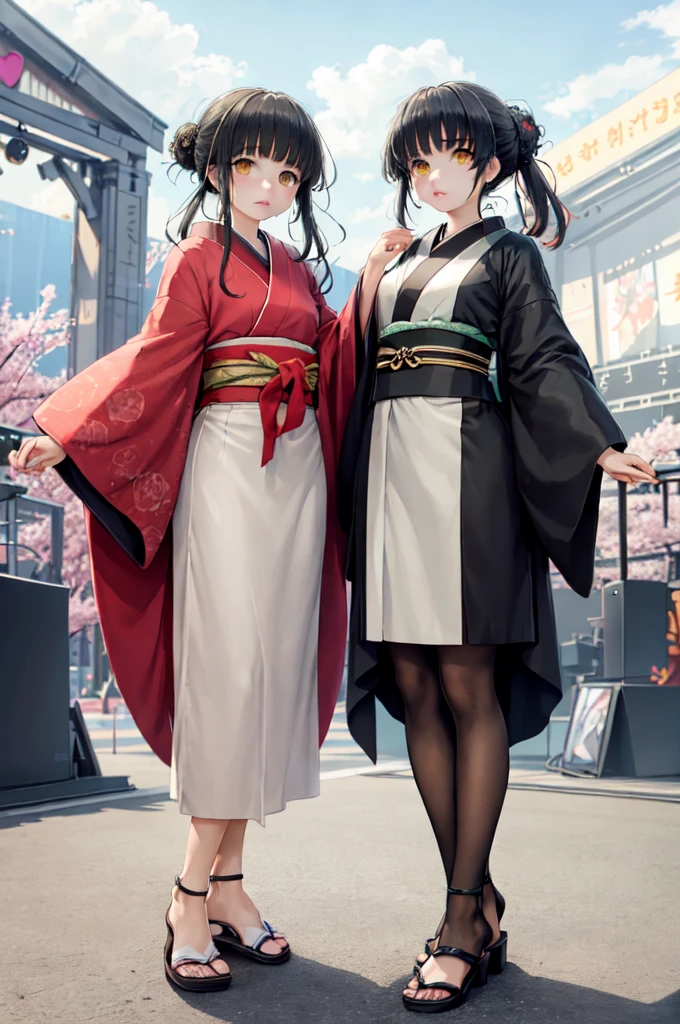 ((masterpiece,Highest quality)),Two Girls, black kimono, Black legwear, black ribbon, Black Hair, cherry blossoms, Day, flower, Hair Bun, hair ribbon, kimono, kimono, Long Hair, View your viewers, Recall, Multiple Girls, heart, Outdoor, Red eyes, Redhead, ribbon, Sandals, single Hair Bun, stage, Are standing, picture, torii, wood, white kimono, Yellow Eyes