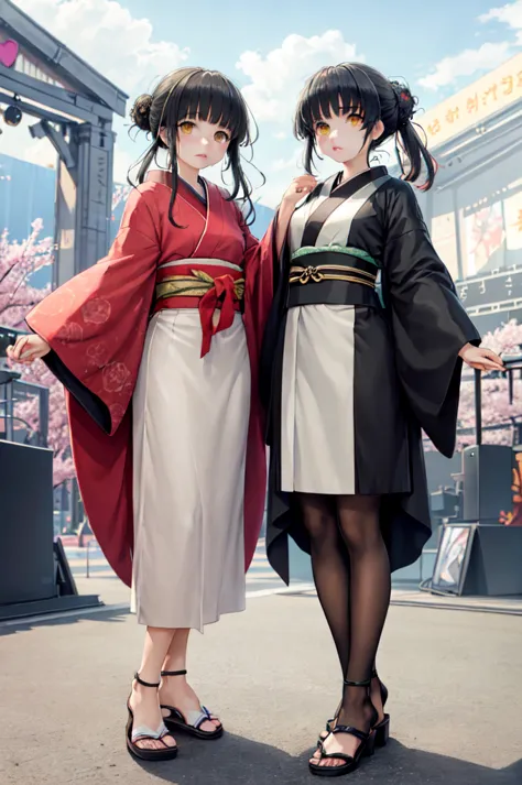 ((masterpiece,Highest quality)),Two Girls, black kimono, Black legwear, black ribbon, Black Hair, cherry blossoms, Day, flower, ...