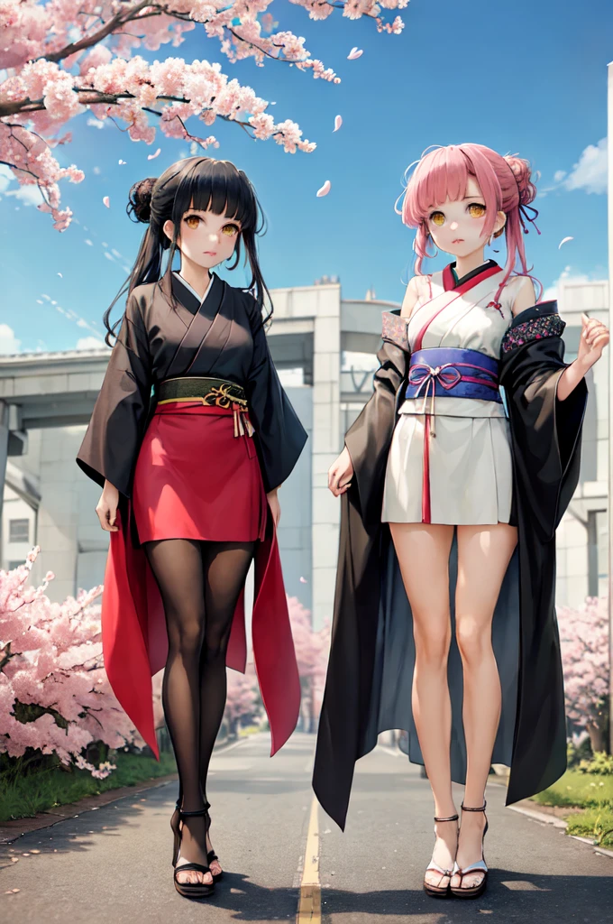 ((masterpiece,Highest quality)),Two Girls, black kimono, Black legwear, black ribbon, Black Hair, cherry blossoms, Day, flower, Hair Bun, hair ribbon, kimono, kimono, Long Hair, View your viewers, Recall, Multiple Girls, heart, Outdoor, Red eyes, Redhead, ribbon, Sandals, single Hair Bun, stage, Are standing, picture, torii, wood, white kimono, Yellow Eyes