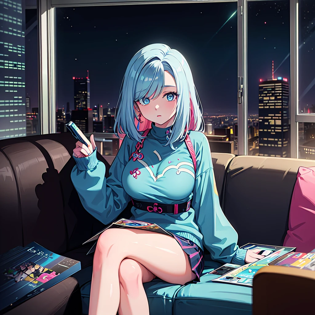 (masterpiece), Highest quality, Expressive eyes, Neon pastel aesthetics, Retro 90s, Neon color,((Girl sitting on sofa,In a cozy room,Records hanging on her wall, Comic books on the floor, Looking out the window behind her at the night city, Upholstered room, Anime figures lined up on a shelf)), Wearing headphones, (All around her it sparkles), (wearing thick colorful sneakers), (blue eyes), (Soft look), (Synthwave Art Style), Colorful Hair, Desk with PC set up