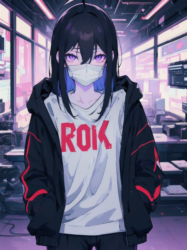 ((masterpiece)), (best quality), ((highres)), 4K, Detailed, (Ambient Light, Digital Art, Soft Lighting, extremely detailed 8K wallpaper:1.2), BREAK 1girl, solo, pale skin, violet eyes, violet hair, ahoge, (absurdly long hair:1.1), flat chest, cyberpunk scenery, black jacket, pants, shirt, night, hand in pocket, looking at viewer, hair between eyes, expressionless, rtx, neon light, black medical mask