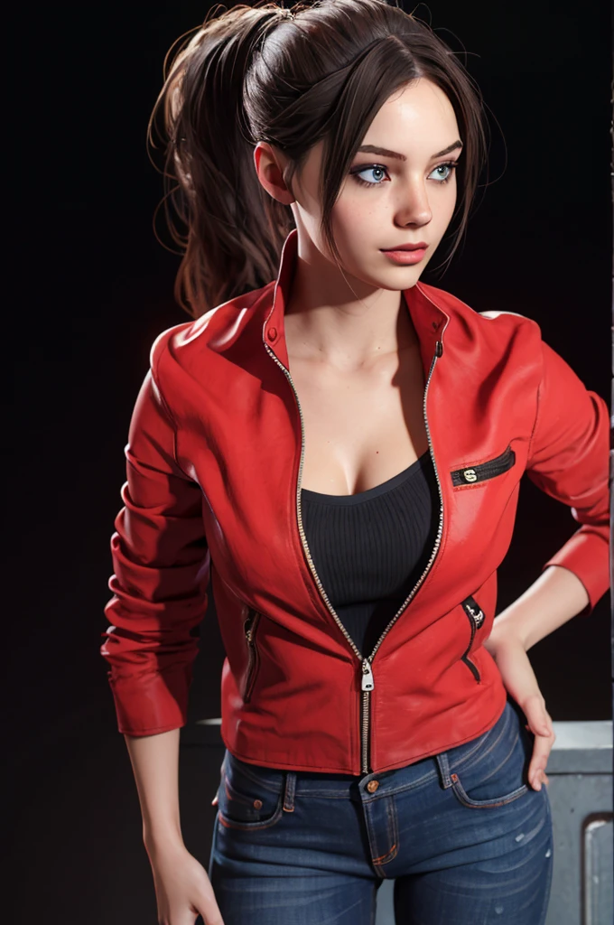 1girl, (realistic),(hyperrealism),(best quality),(masterpiece),(ultra high res),(photorealistic),idol,eye makeup,detailed eyes,detailed face,black dress, posing for a photo, black background, claireredfield2, brown hair, (red jacket:1.2), ponytail, (denim pants:1.3),