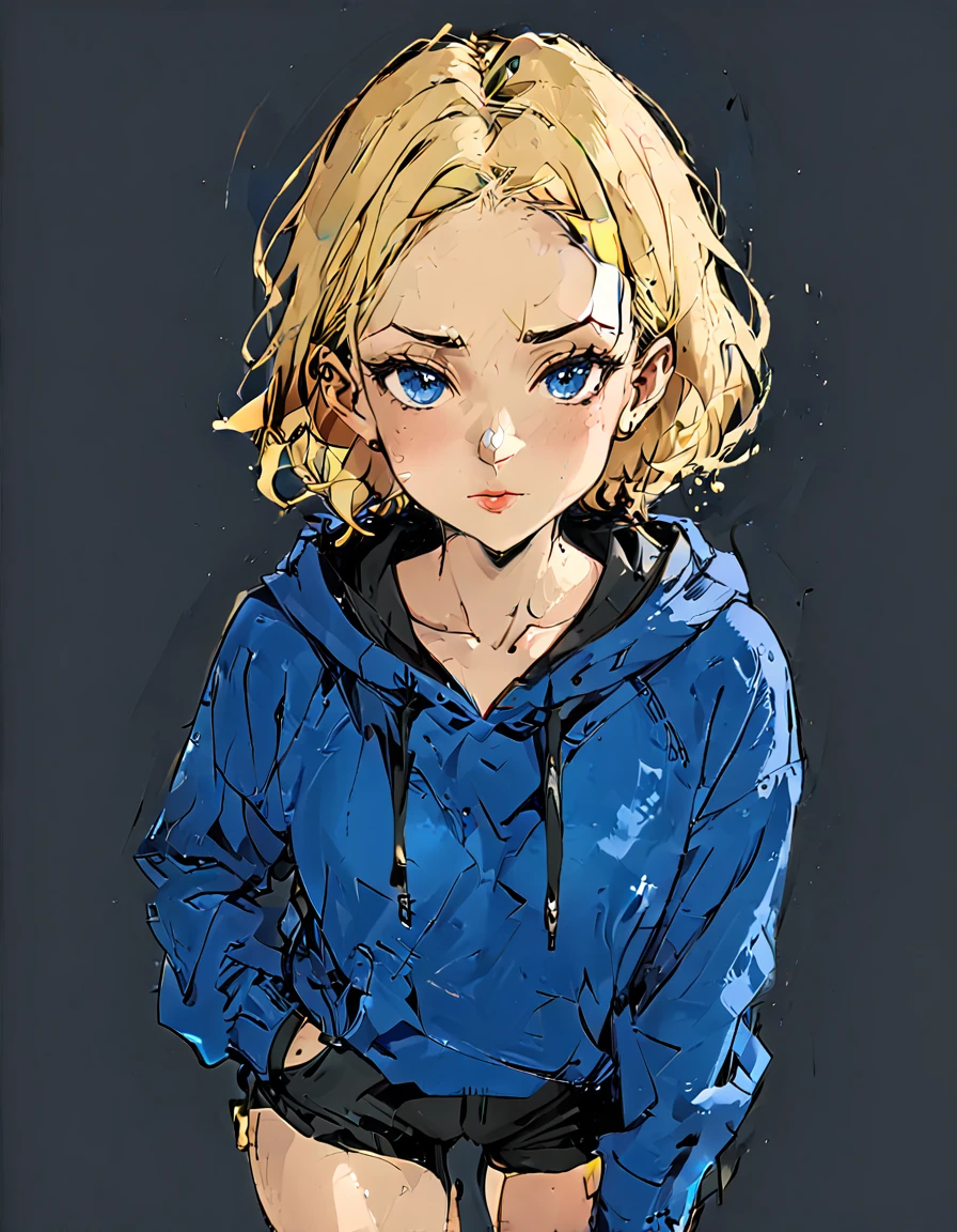 woman in Blue oversized hoodie and black Elastic shorts, adult, [Nordic], Hourglass elongated fitness body, perfect Olive skin, Oval Face, Long neck, Rounded shoulders, perfect hand,  round forehead, Short blonde Waves pixie hair, snub nose, Arched eyebrows, Monolid blue Eyes, High Round Narrow cheekbones, Dimpled Cheeks, Rounded Chin, Rounded Jawline, Fine Puppet Wrinkles, Full nude Lips, (blue eyes), Nude Makeup Look, long eyelashes, Hourglass-shaped hips, Slim thighs, long slim fitness legs, third breast size, ((dark novel style)),comic book style, (graphic style of novel comics), (2d),
8k, hyperrealism, masterpiece, high resolution, best quality, ultra-detailed, super realistic, Hyperrealistic art, high-quality, ultra high res, highest detailed, lot of details, Extremely high-resolution details, incredibly lifelike, colourful, soft cinematic light,