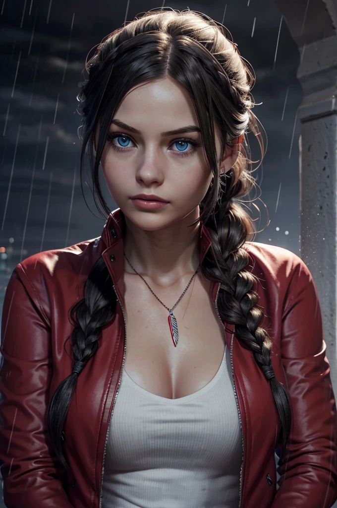 ClaireRedfieldR, 1girl, solo, jewelry, black hair, rain, blue eyes, red jacket, jacket, necklace, long hair, braid, realistic, upper body, breasts, parted lips, looking at viewer
