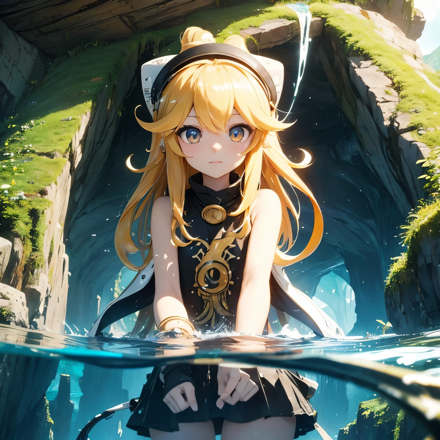 masterpiece、Highest quality、High resolution、Inside the cave, water, bridge, Real Anime、3d、Splatoon Girl、Golden Eyes、Beautiful Eyes、Golden tentacle hair、Explorer&#39;s outfit、Open front clothing、gigantic breast、Cleavage、Helmet、Dirty Face、Girl looking at the ceiling above her、、Lots of crystals、Luminous Crystal、Wide angle、広いInside the cave