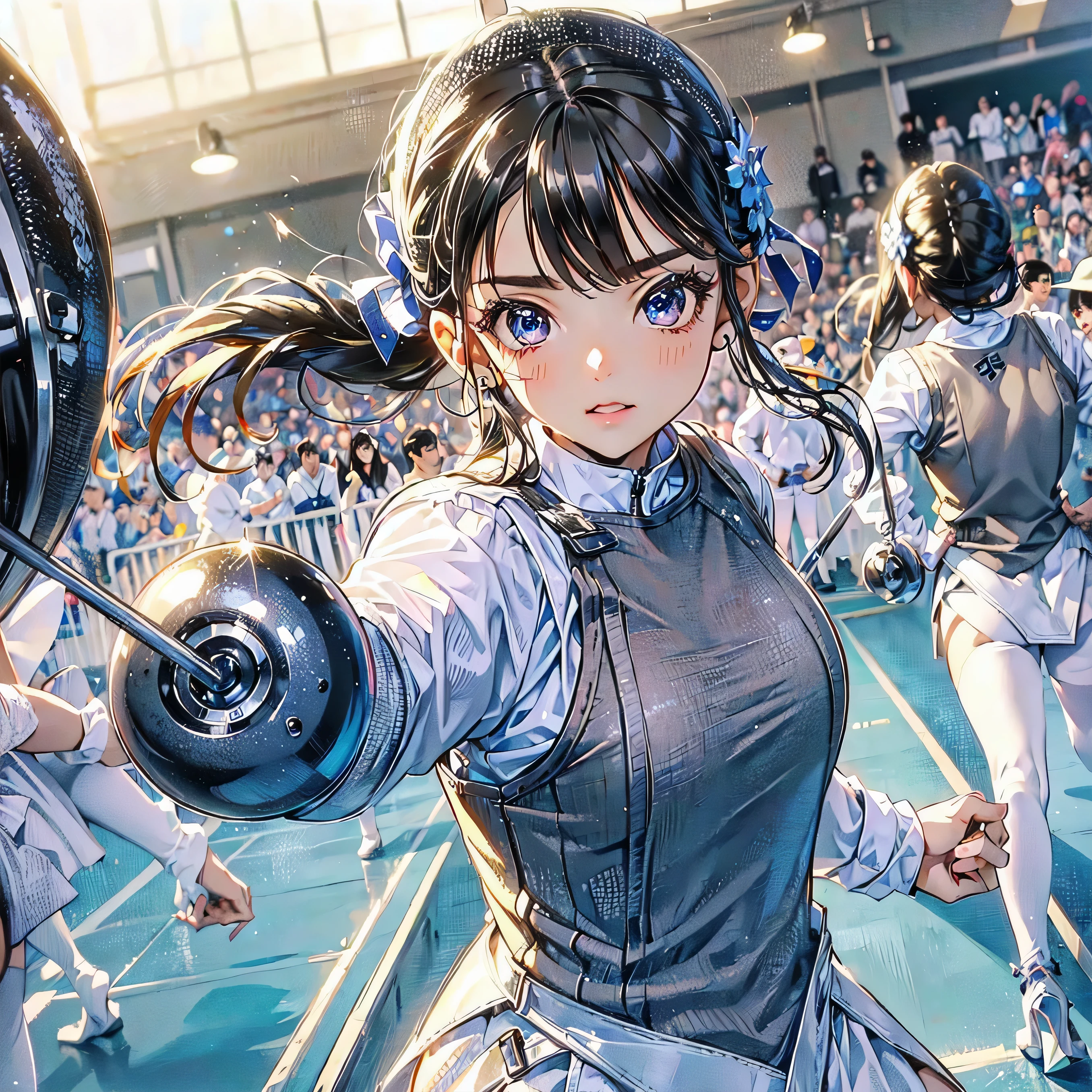 high quality,HD,16k,sharp lines,1 girl,Female fencing athlete ,cute face, large breasts, nice legs,At the fencing venue,focus girl,detailed beautiful face,detailed clothes,beautiful eyes,cool,dynamic angle