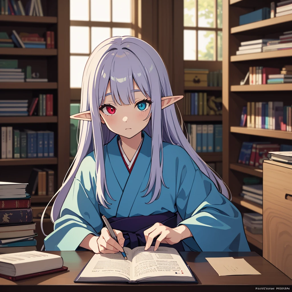 Cool elf with blue and blue-purple heterochromia, Silver straight hair, wearing hakama, Wearing slacks, sitting at a desk surrounded by bookshelves,  Thinking about something, (Highest quality,8K,High resolution,masterpiece), Highly detailed facial expressions, Intricate details, Natural light, Warm colors, Soft Focus, Digital Painting, Fantasy art, 