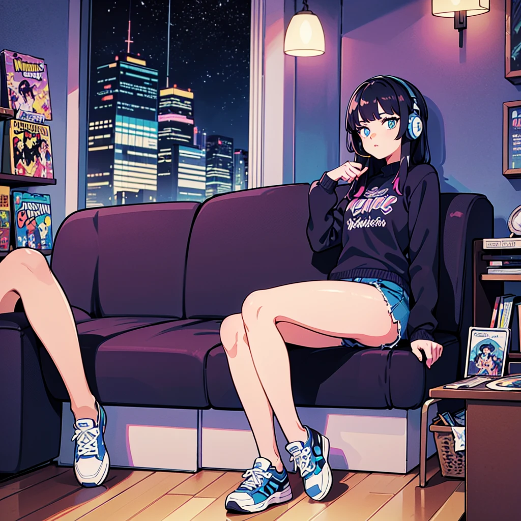 (masterpiece), Highest quality, Expressive eyes, Neon pastel aesthetics, Retro 90s, Neon color,((Girl sitting on sofa,In a cozy room,Records hanging on her wall, Comic books on the floor, Looking out the window behind her at the night city, Upholstered room, Anime figures lined up on a shelf)), Wearing headphones, (All around her it sparkles), (wearing thick colorful sneakers), (blue eyes), (Soft look), (Synthwave Art Style), Colorful Hair, Desk with PC set up