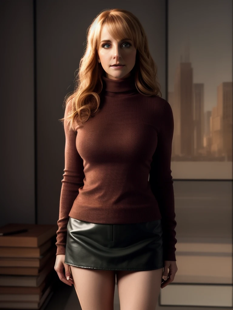 MelissaRauch768 , full length  body, red turtleneck, detailed eyes, photography, trending on artstation, sharp focus, studio photo, intricate details, highly detailed, by greg rutkowski     