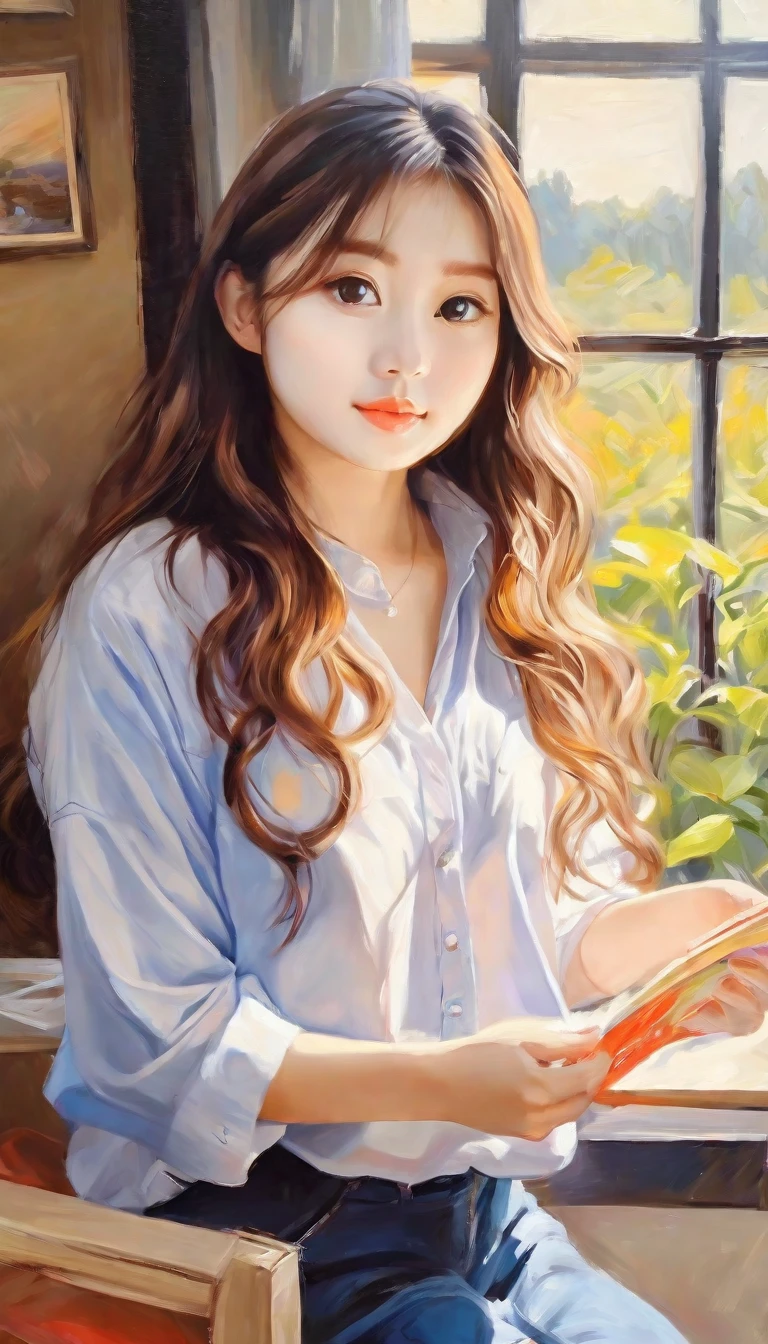 Pintura a óleo, cores vivas, Linda luz,
Obra de arte, melhor qualidade, 1 garota,  asiático,waifu