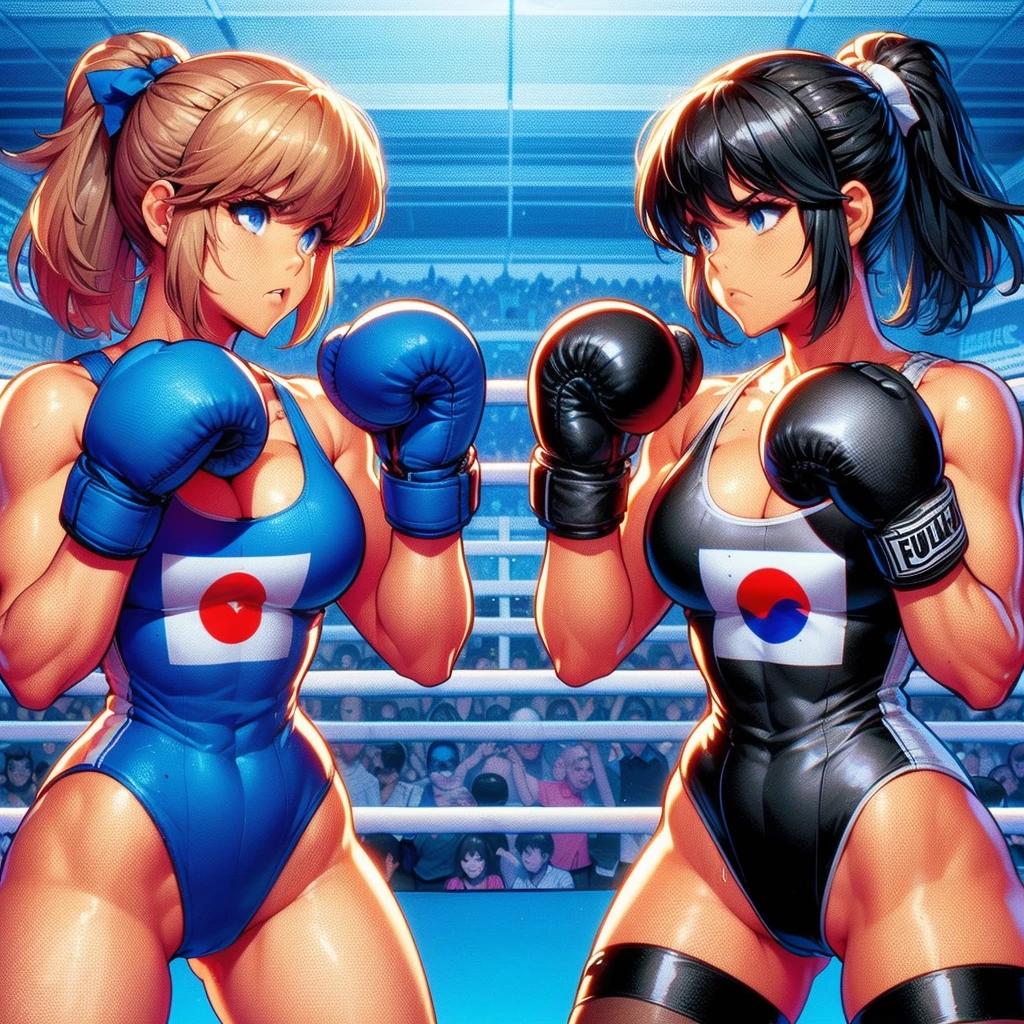 NSFW , on the beach boxing ring ,   Small woman and big woman , Fullbody shot , Wear Monokini swimsuit with pantyhose , Female boxing Face to face, huge breasts.