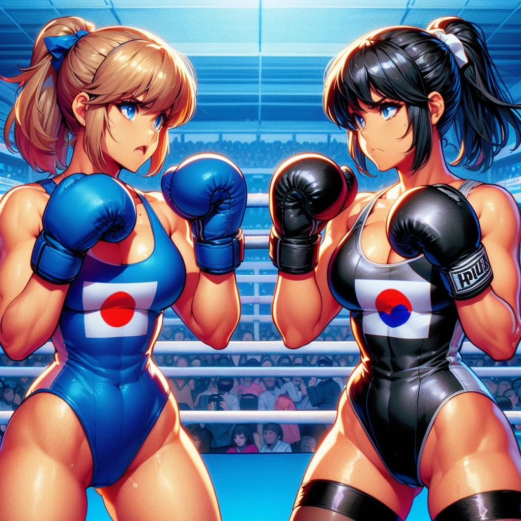 NSFW , on the beach boxing ring ,   Small woman and big woman , Fullbody shot , Wear Monokini swimsuit with pantyhose , Female boxing Face to face, huge breasts.