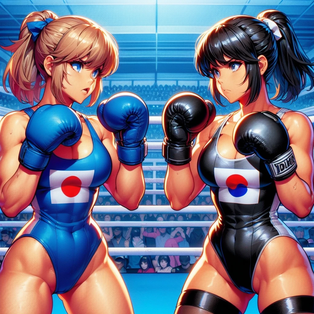 NSFW , on the beach boxing ring ,   Small woman and big woman , Fullbody shot , Wear Monokini swimsuit with pantyhose , Female boxing Face to face, huge breasts.