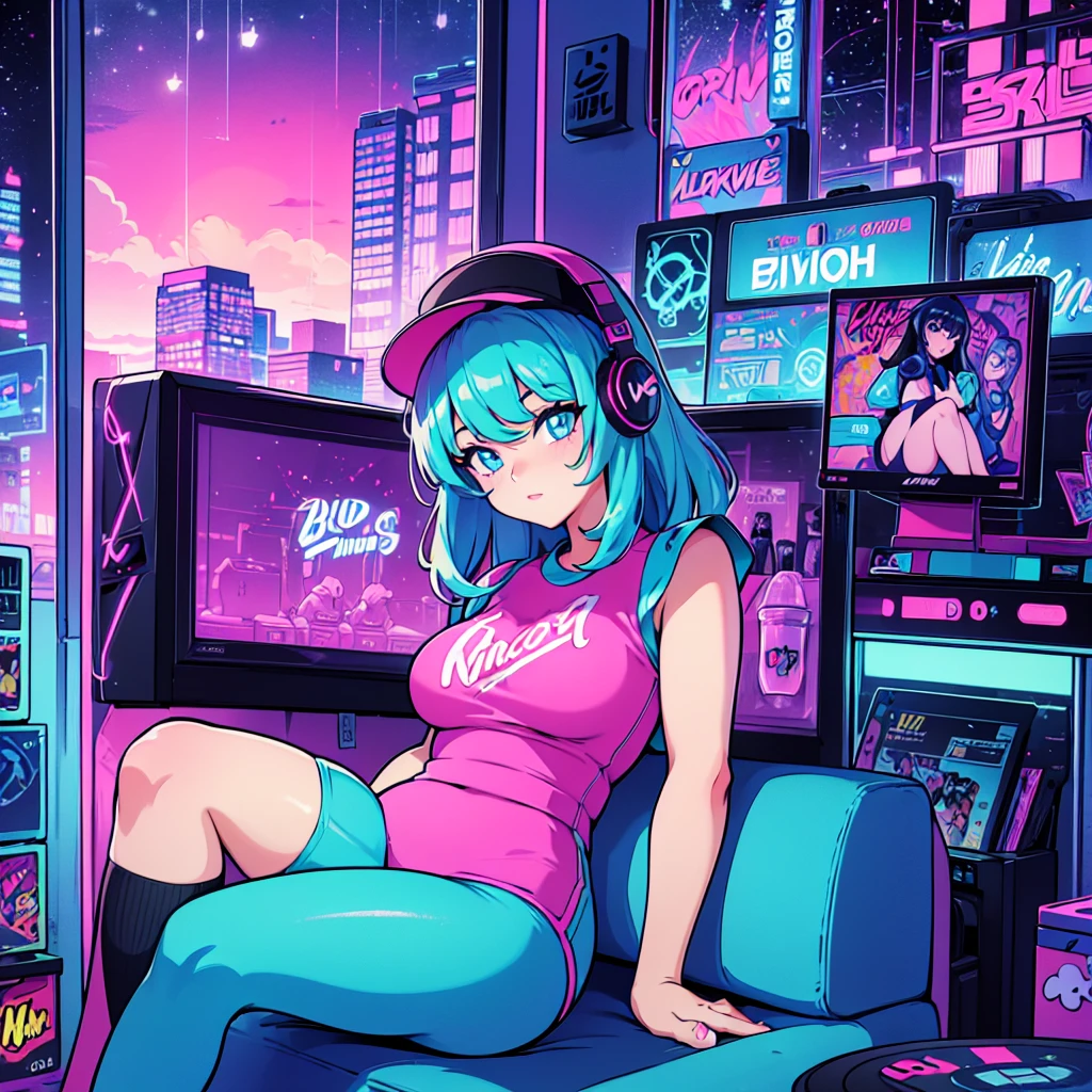 (masterpiece), Highest quality, Expressive eyes, Neon pastel aesthetics, Retro 90s, Neon color,((Girl sitting on sofa,In a cozy room,Records hanging on her wall, Comic books on the floor, Looking out the window behind her at the night city, Upholstered room, Anime figures lined up on a shelf)), Wearing headphones, (All around her it sparkles), (Wearing high socks and heels), (blue eyes), (Soft look), (Synthwave Art Style), Colorful Hair, Desk with PC set up