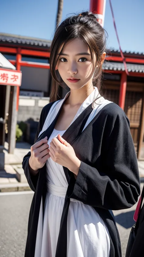 Il y a une femme mariée au Japon qui porte une robe verte, Traçage de rayons d&#39;architecture orientale, {superior quality}, {...
