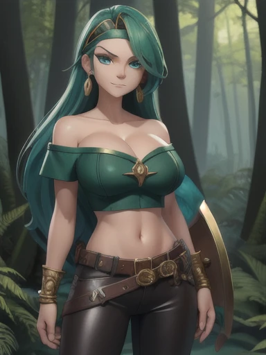 ((Best quality)), ((Masterpiece)), (detailed), (Detailed face:1.2), (Detailed eyes:1.2), (Perfect figure:1.2), Fantasy style, Fantasy environment,  Female Knight, long green hair, headband, strapless, off shoulder, crop top, leather pants, gold belt, armor, knight's armor, big breast, middle aged woman, (looking at viewer with a mischievous expression on her face:1.1), holding a sword, One woman, In the forest, forest background
